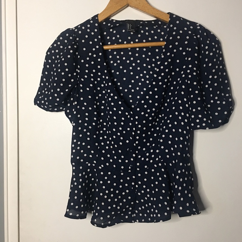 Navy Gothabilly V-Neck Button Down Floral Polka Dot Blouse